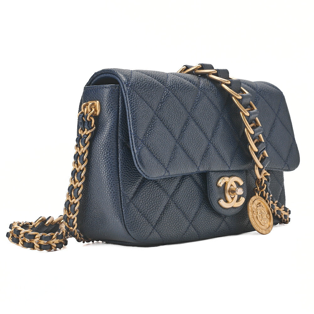 CHANEL Caviar Skin Mini Matelasse 19cm Single Chain Shoulder Navy Gold-Tone Hardware, Pre-Owned