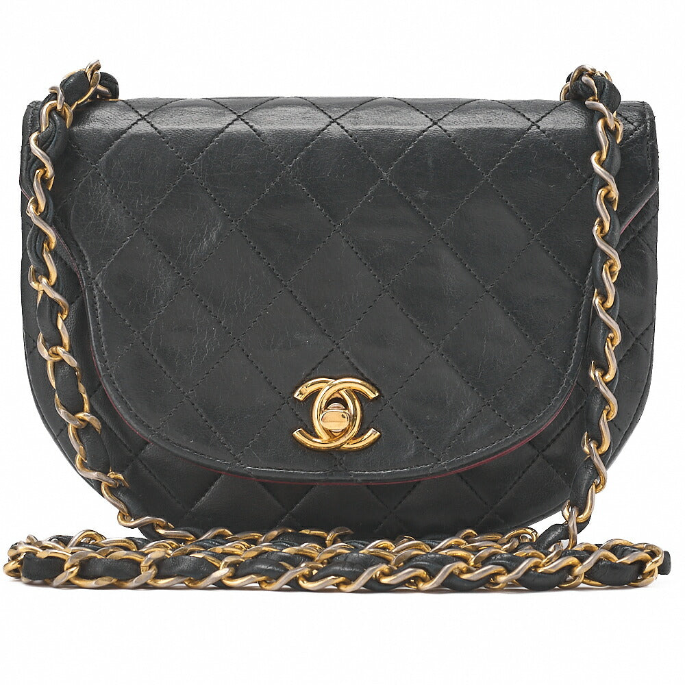 CHANEL Shoulder Bag Mini Matelasse 17cm Lambskin Half Round Flap Black Gold-Tone Hardware, Pre-Owned