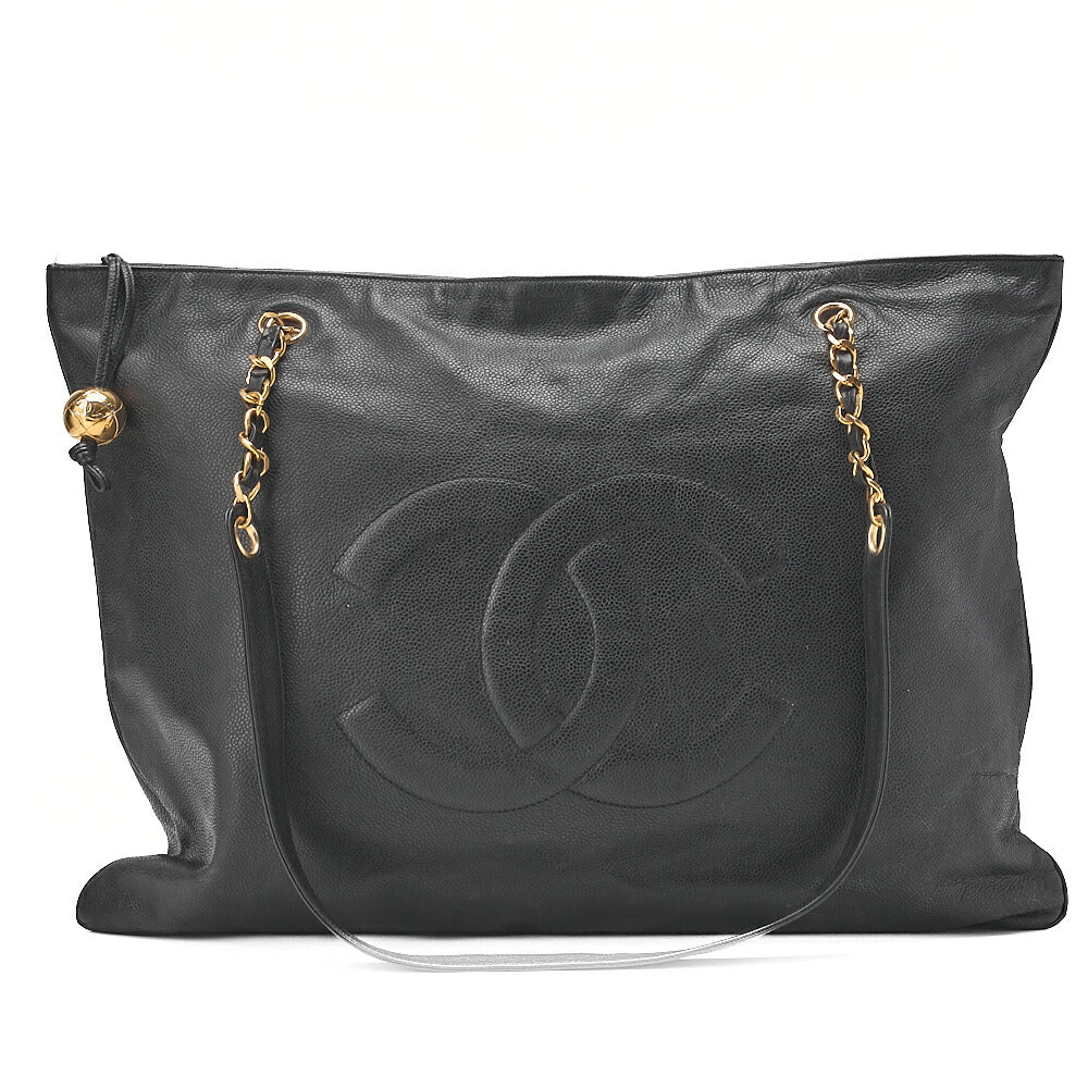 CHANEL Caviar Skin Coco Mark Square Shape Chain Tote Black Gold-Tone Hardware, Pre-Owned