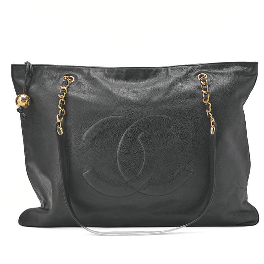 CHANEL Caviar Skin Coco Mark Square Shape Chain Tote Black Gold-Tone Hardware, Pre-Owned