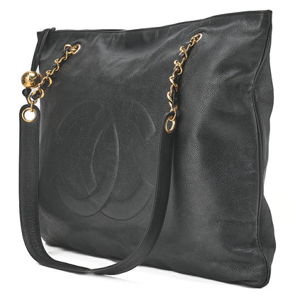 CHANEL Caviar Skin Coco Mark Square Shape Chain Tote Black Gold-Tone Hardware, Pre-Owned