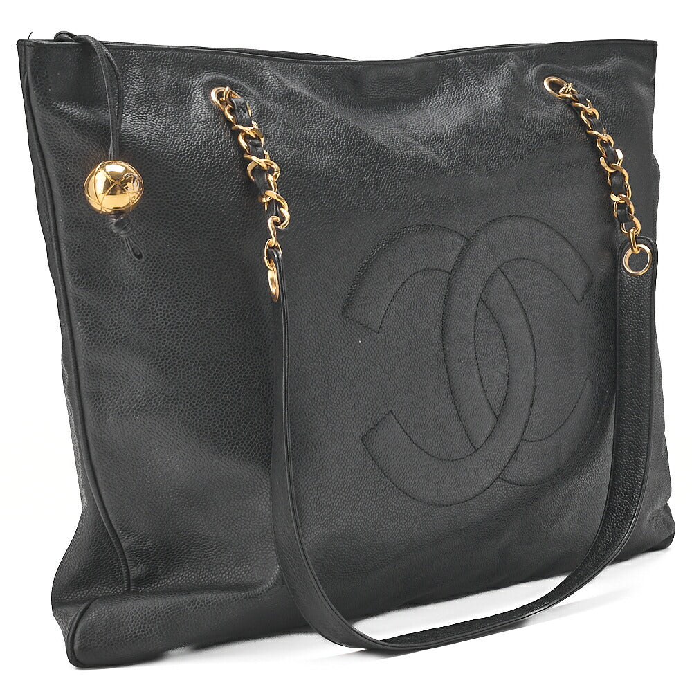 CHANEL Caviar Skin Coco Mark Square Shape Chain Tote Black Gold-Tone Hardware, Pre-Owned
