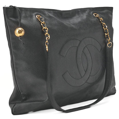 CHANEL Caviar Skin Coco Mark Square Shape Chain Tote Black Gold-Tone Hardware, Pre-Owned