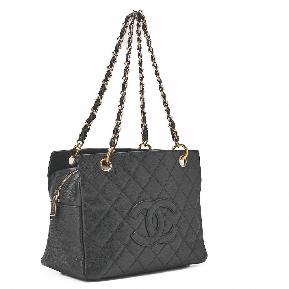 CHANEL Chanel Tote Bag Matelasse Caviar Skin Cocomark PTT Double Chain Tote Black Gold-Tone Hardware, Pre-Owned