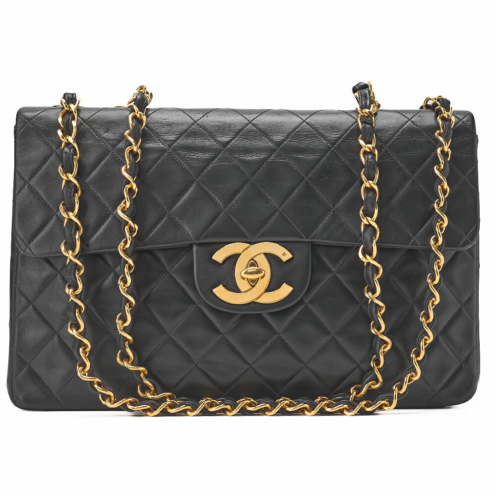 CHANEL Chain Shoulder Bag Deca Matelasse Single Flap 34cm Lambskin Black Gold-Tone Hardware, Pre-Owned