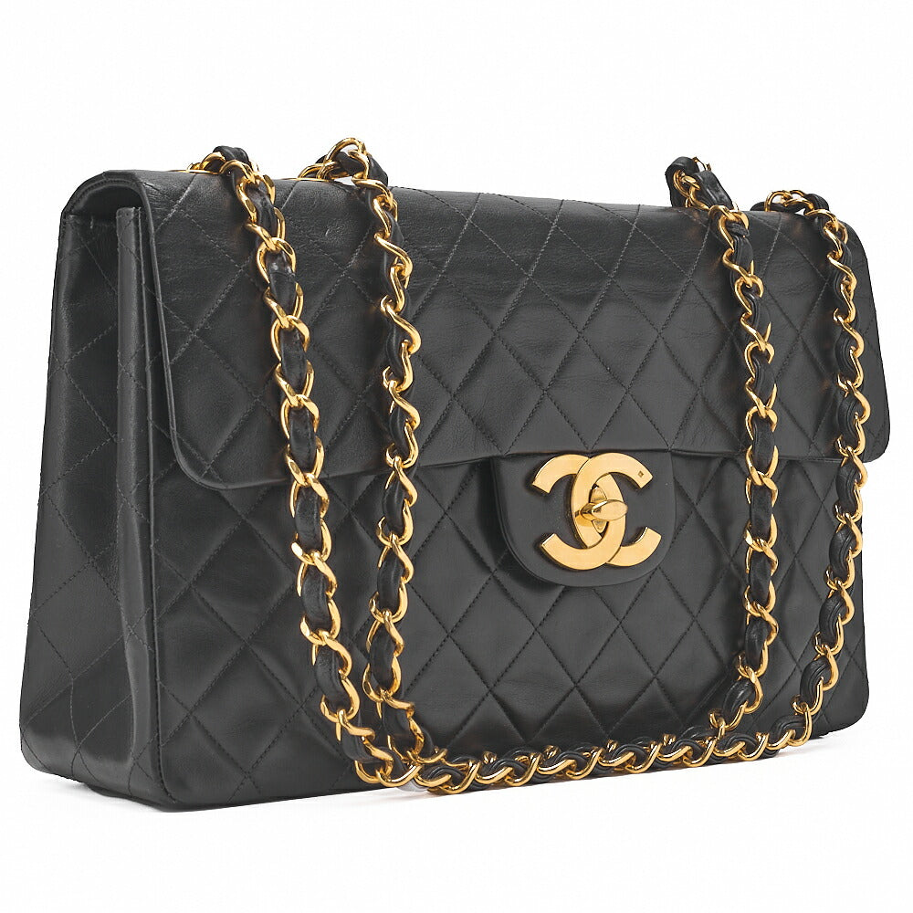 CHANEL Chain Shoulder Bag Deca Matelasse Single Flap 34cm Lambskin Black Gold-Tone Hardware, Pre-Owned