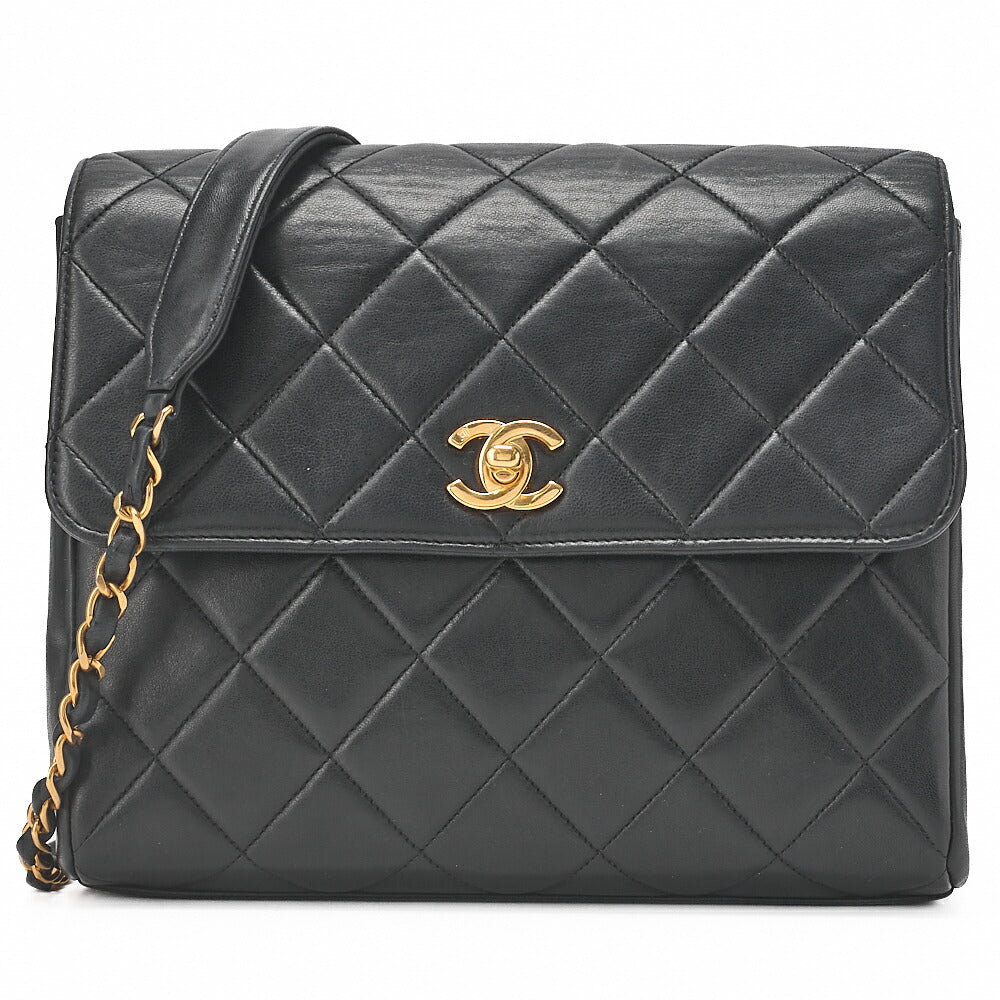 CHANEL Chain Shoulder Bag Square Single Flap Lambskin Black Gold-Tone Hardware, Pre-Owned
