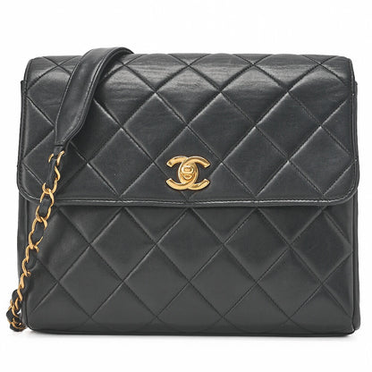 CHANEL Chain Shoulder Bag Square Single Flap Lambskin Black Gold-Tone Hardware, Pre-Owned