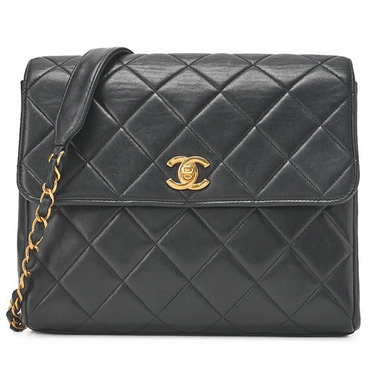 CHANEL Chain Shoulder Bag Square Single Flap Lambskin Black Gold-Tone Hardware, Pre-Owned