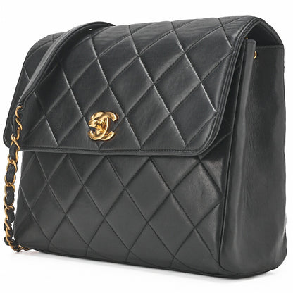 CHANEL Chain Shoulder Bag Square Single Flap Lambskin Black Gold-Tone Hardware, Pre-Owned
