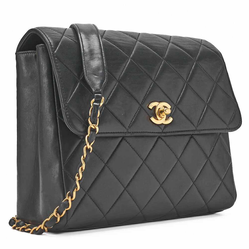CHANEL Chain Shoulder Bag Square Single Flap Lambskin Black Gold-Tone Hardware, Pre-Owned