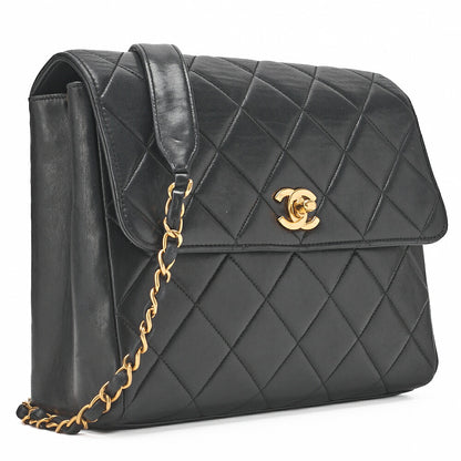 CHANEL Chain Shoulder Bag Square Single Flap Lambskin Black Gold-Tone Hardware, Pre-Owned