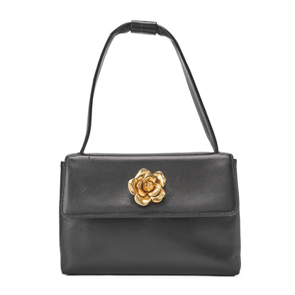 CHANEL Handbag Camellia Leather Black Gold-Tone Hardware, Pre-Owned