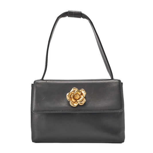 CHANEL Handbag Camellia Leather Black Gold-Tone Hardware, Pre-Owned