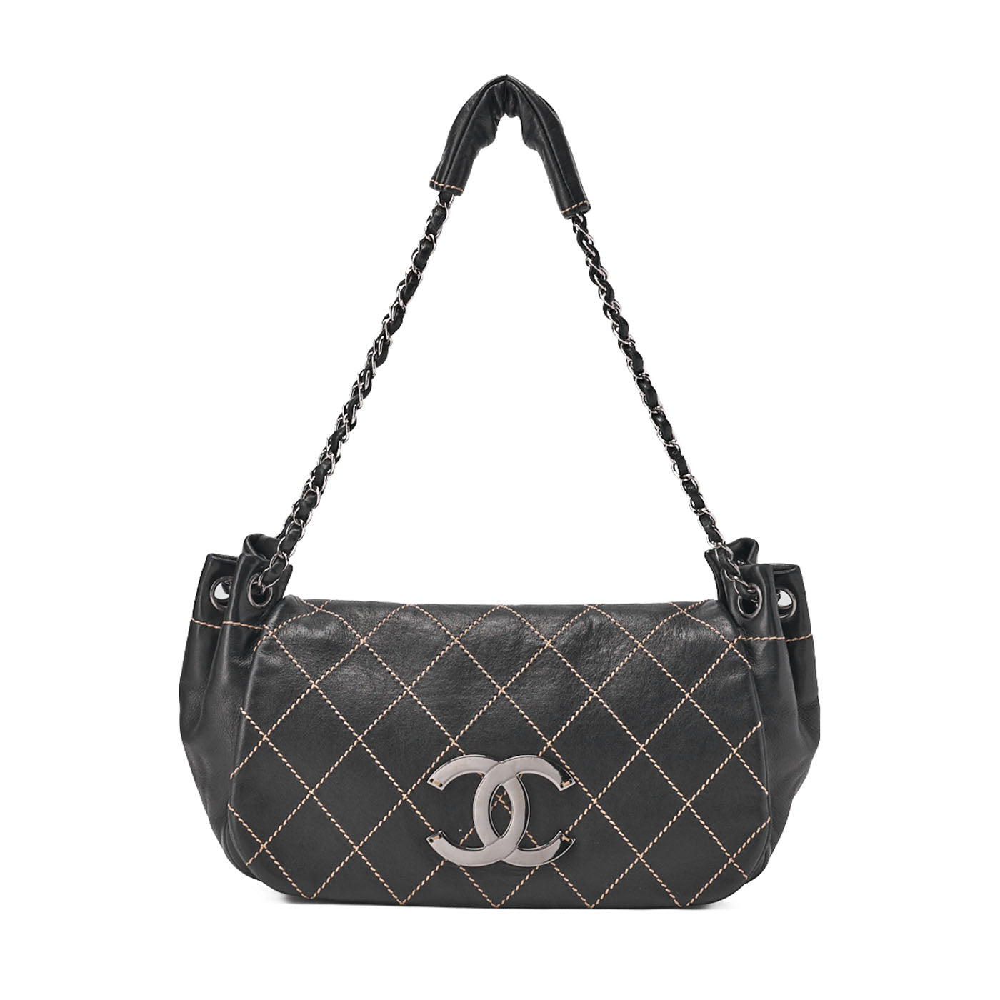 CHANEL Chain Shoulder Bag Wild Stitch Lambskin Big Coco Black Silver-Tone Hardware, Pre-Owned
