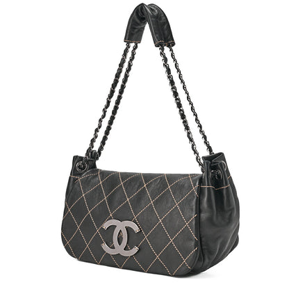 CHANEL Chain Shoulder Bag Wild Stitch Lambskin Big Coco Black Silver-Tone Hardware, Pre-Owned