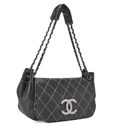CHANEL Chain Shoulder Bag Wild Stitch Lambskin Big Coco Black Silver-Tone Hardware, Pre-Owned