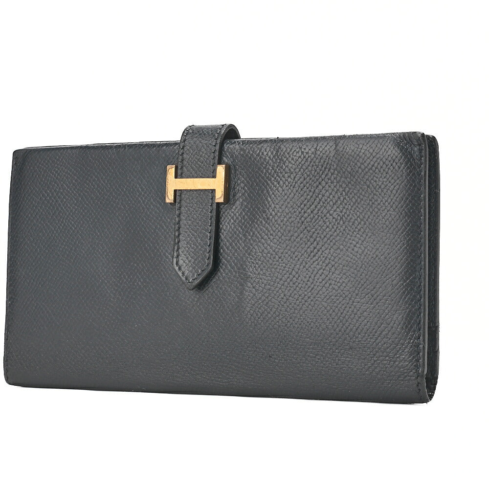 HERMES [エルメス] ベアン クラシック 二つ折り長財布 クシュベル ネイビー ゴールド金具 中古