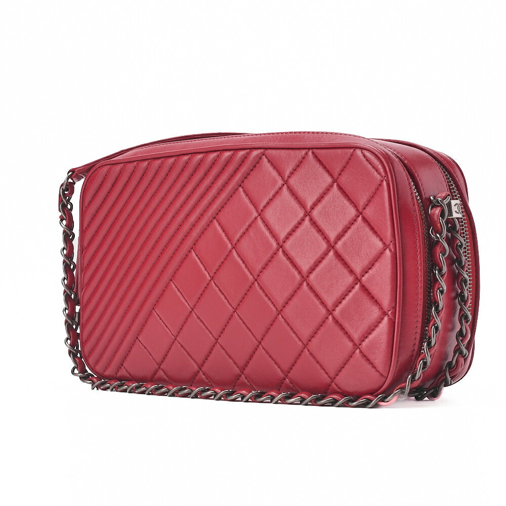 CHANEL Diagonal Stitch Matelasse Coco Charm Chain Shoulder Bag Lambskin Red Silver-Tone Hardware, Pre-Owned