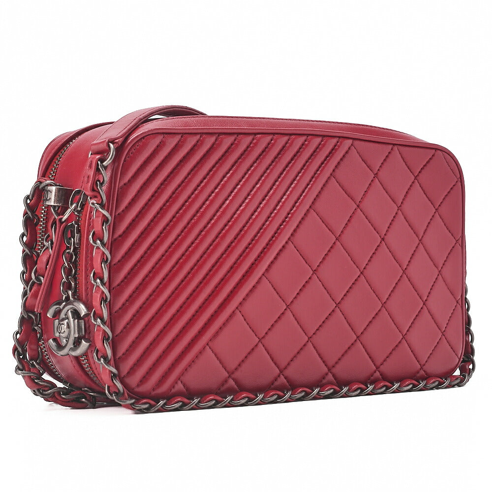 CHANEL Diagonal Stitch Matelasse Coco Charm Chain Shoulder Bag Lambskin Red Silver-Tone Hardware, Pre-Owned