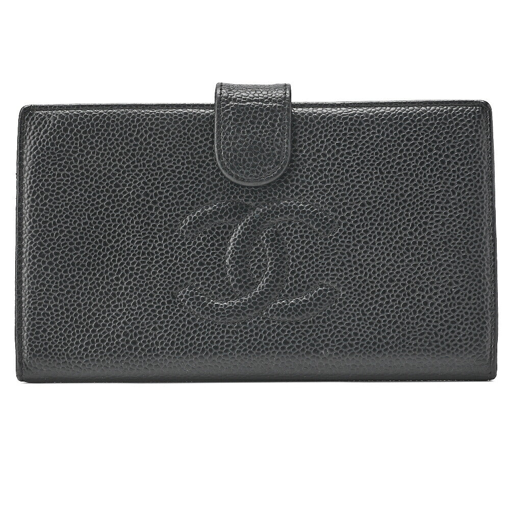 CHANEL Caviar Skin Coco Mark 2-Fold Long Wallet Black Gold-Tone Hardware, Pre-Owned