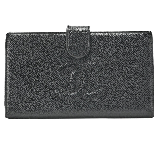 CHANEL Caviar Skin Coco Mark 2-Fold Long Wallet Black Gold-Tone Hardware, Pre-Owned