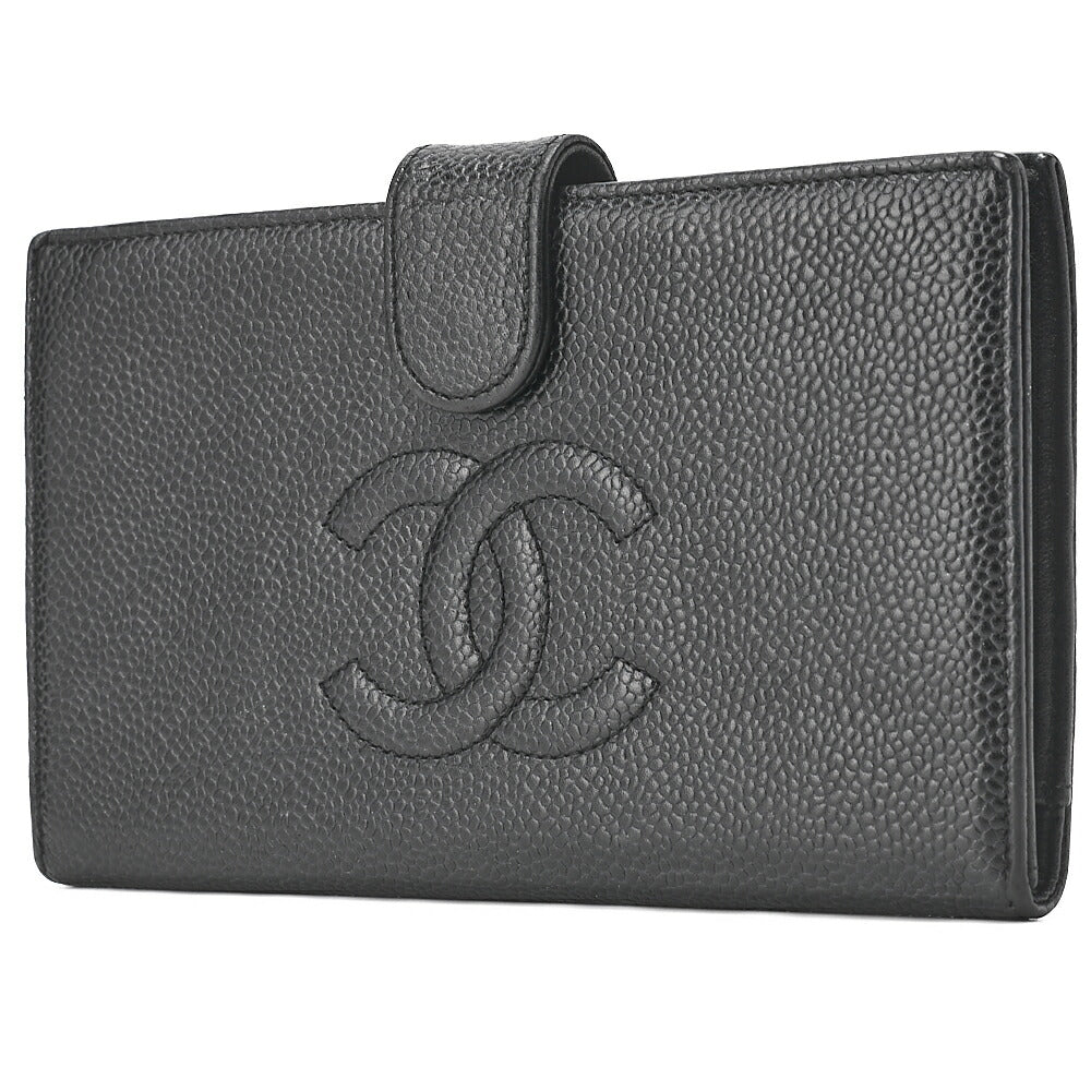 CHANEL Caviar Skin Coco Mark 2-Fold Long Wallet Black Gold-Tone Hardware, Pre-Owned