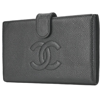 CHANEL Caviar Skin Coco Mark 2-Fold Long Wallet Black Gold-Tone Hardware, Pre-Owned