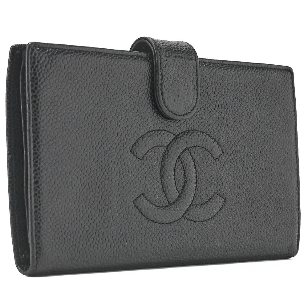 CHANEL Caviar Skin Coco Mark 2-Fold Long Wallet Black Gold-Tone Hardware, Pre-Owned