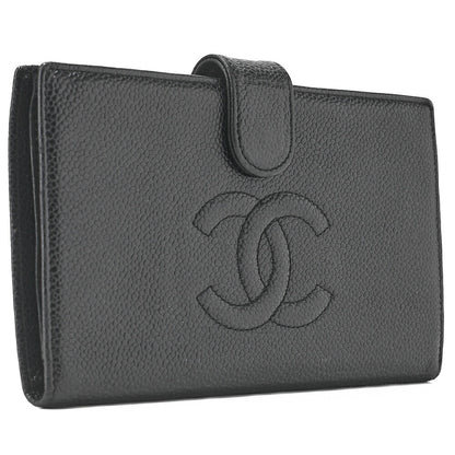 CHANEL Caviar Skin Coco Mark 2-Fold Long Wallet Black Gold-Tone Hardware, Pre-Owned