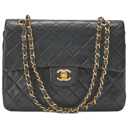 CHANEL Lambskin Matelasse W Flap 25cm Chain Shoulder Black Gold-Tone Hardware, Pre-Owned