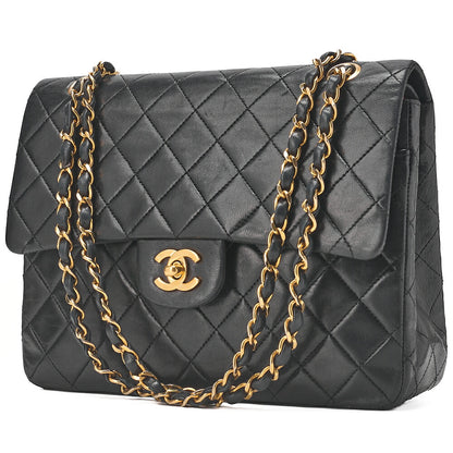 CHANEL Lambskin Matelasse W Flap 25cm Chain Shoulder Black Gold-Tone Hardware, Pre-Owned