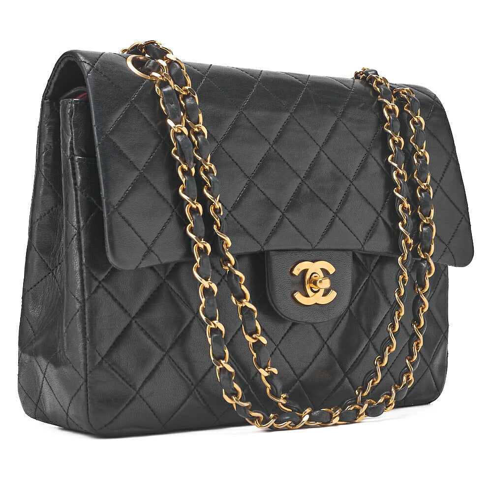 CHANEL Lambskin Matelasse W Flap 25cm Chain Shoulder Black Gold-Tone Hardware, Pre-Owned