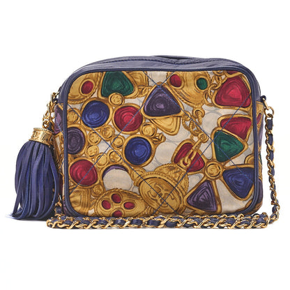 CHANEL Lambskin Gripore Pattern with Fringe Chain Shoulder Blue x Multicolor Gold-Tone Hardware, Pre-Owned