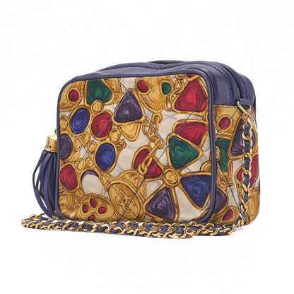 CHANEL Lambskin Gripore Pattern with Fringe Chain Shoulder Blue x Multicolor Gold-Tone Hardware, Pre-Owned