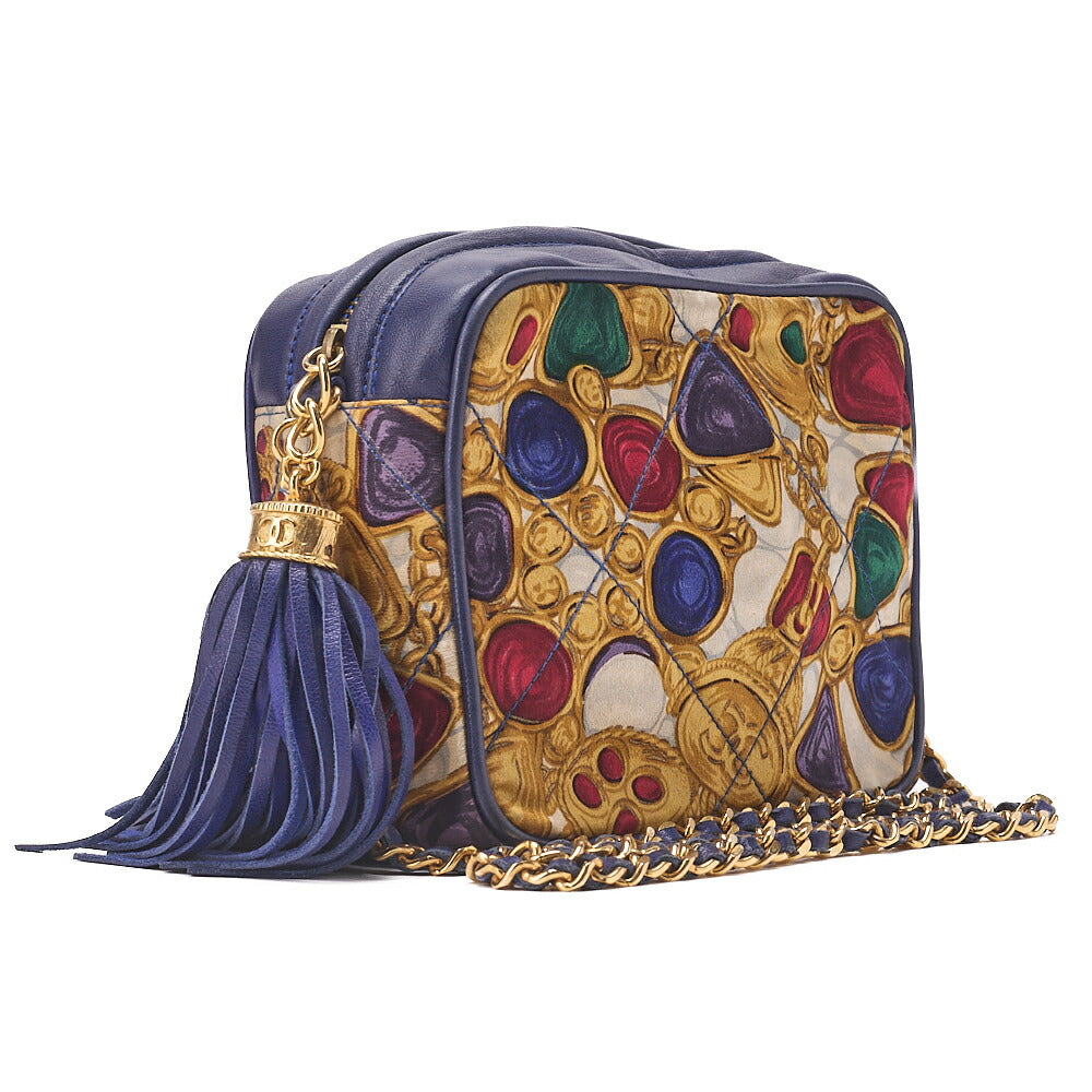 CHANEL Lambskin Gripore Pattern with Fringe Chain Shoulder Blue x Multicolor Gold-Tone Hardware, Pre-Owned