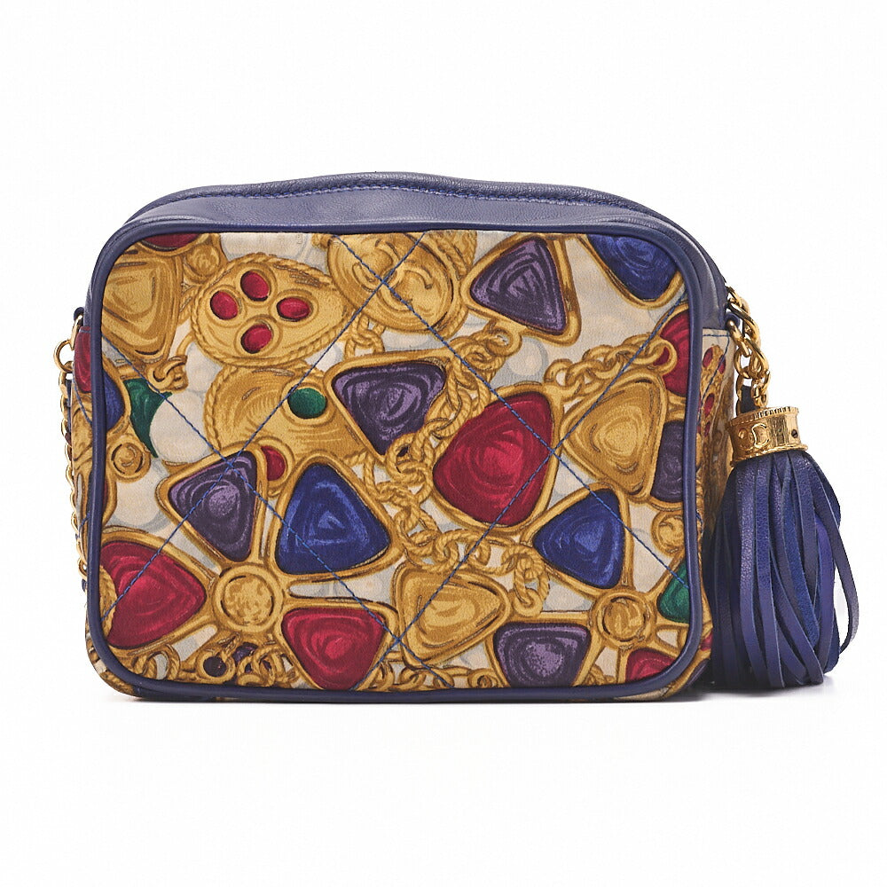 CHANEL Lambskin Gripore Pattern with Fringe Chain Shoulder Blue x Multicolor Gold-Tone Hardware, Pre-Owned