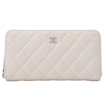 CHANEL Matelasse Round Long Wallet Caviar Skin White Silver-Tone Hardware, Pre-Owned