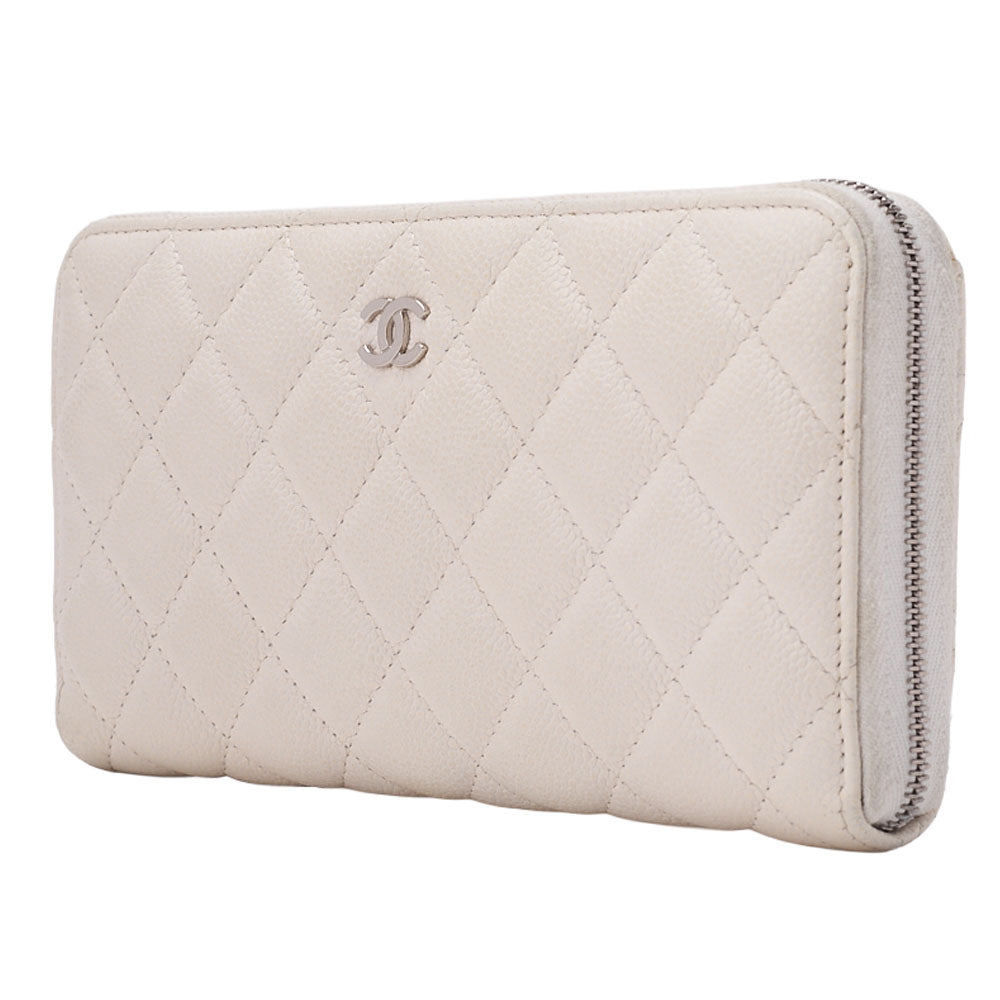 CHANEL Matelasse Round Long Wallet Caviar Skin White Silver-Tone Hardware, Pre-Owned