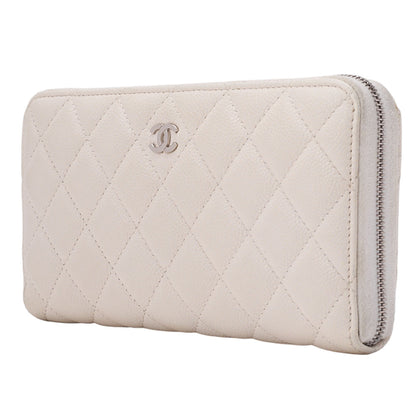 CHANEL Matelasse Round Long Wallet Caviar Skin White Silver-Tone Hardware, Pre-Owned