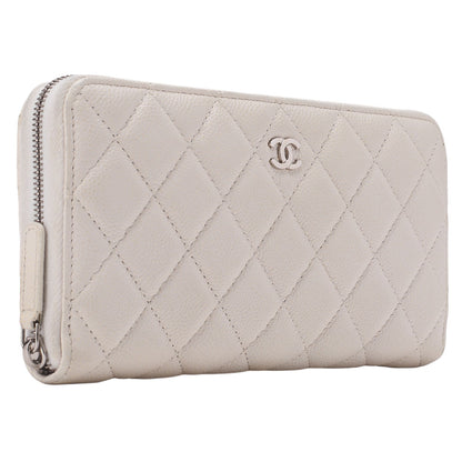 CHANEL Matelasse Round Long Wallet Caviar Skin White Silver-Tone Hardware, Pre-Owned