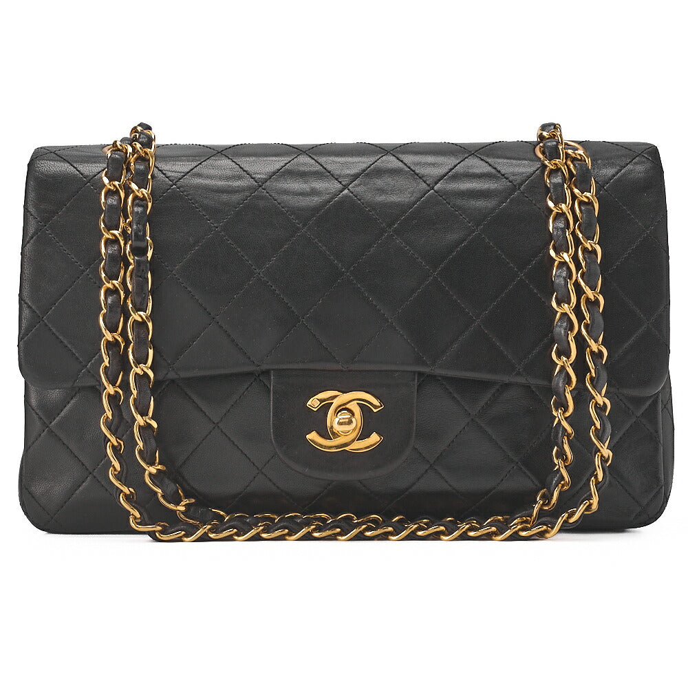 CHANEL Lambskin Matelasse W Flap 25cm Chain Shoulder Black Gold-Tone Hardware, Pre-Owned