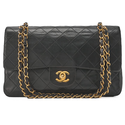 CHANEL Lambskin Matelasse W Flap 25cm Chain Shoulder Black Gold-Tone Hardware, Pre-Owned