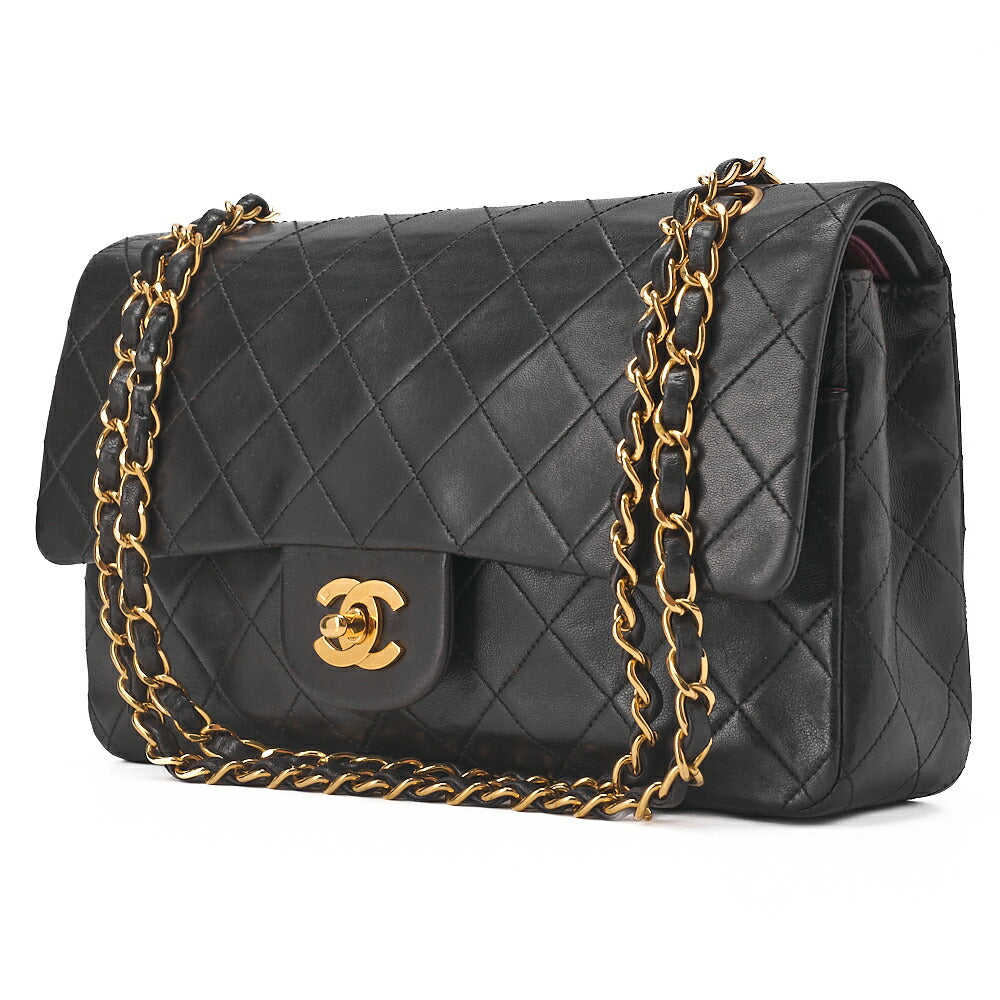 CHANEL Lambskin Matelasse W Flap 25cm Chain Shoulder Black Gold-Tone Hardware, Pre-Owned