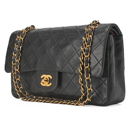CHANEL Lambskin Matelasse W Flap 25cm Chain Shoulder Black Gold-Tone Hardware, Pre-Owned