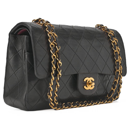 CHANEL Lambskin Matelasse W Flap 25cm Chain Shoulder Black Gold-Tone Hardware, Pre-Owned