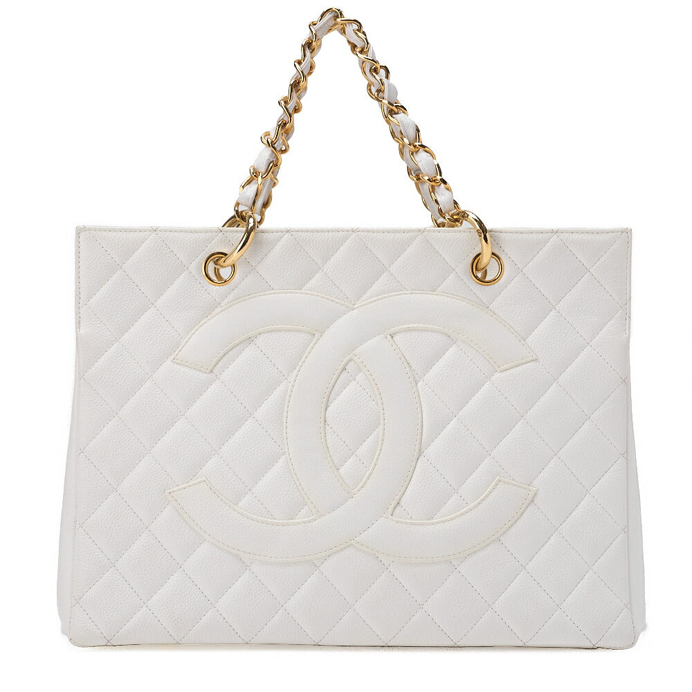 CHANEL Chanel Tote Bag Matelasse Caviar Skin Coco Mark White Chain Hand Gold-Tone Hardware, Pre-Owned