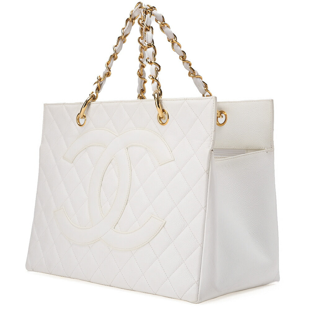 CHANEL Chanel Tote Bag Matelasse Caviar Skin Coco Mark White Chain Hand Gold-Tone Hardware, Pre-Owned