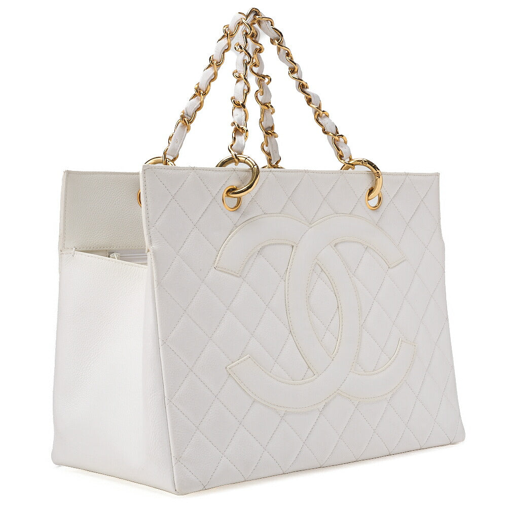 CHANEL Chanel Tote Bag Matelasse Caviar Skin Coco Mark White Chain Hand Gold-Tone Hardware, Pre-Owned