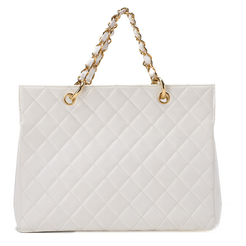 CHANEL Chanel Tote Bag Matelasse Caviar Skin Coco Mark White Chain Hand Gold-Tone Hardware, Pre-Owned